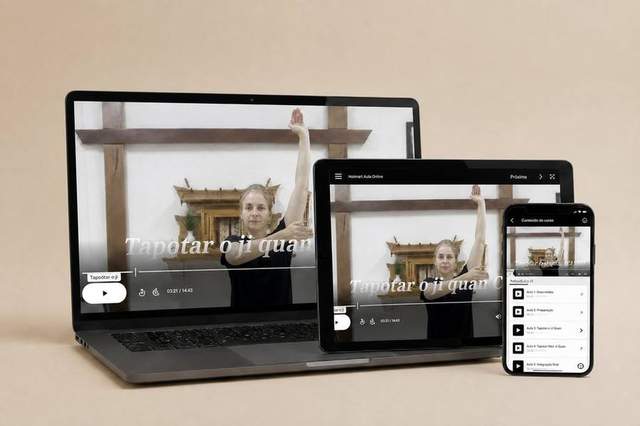 Plataforma do curso em laptop, tablet e celular, mostrando uma aula gravada